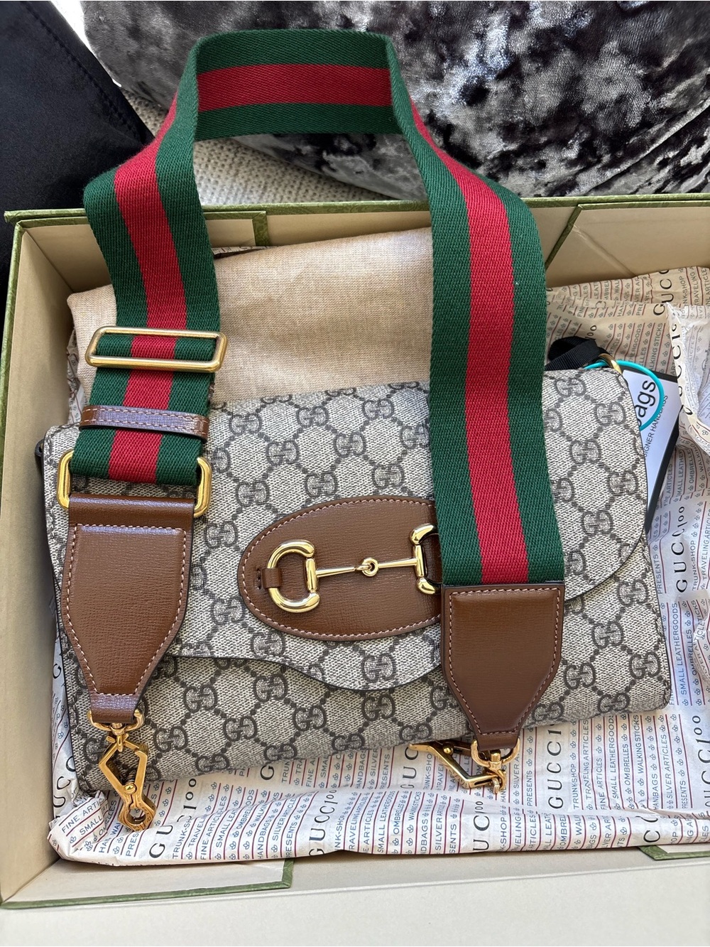 Gucci Beige GG Supreme Shoulder Bag with Brown Leather and Gold Hardware